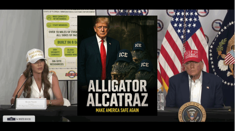 Trump inaugura el nuevo centro de detención migratorio Alligator Alcatraz en los pantanos de Florida. (📸 Captura de Video y WhiteHouse Post en X).-The Border Reports